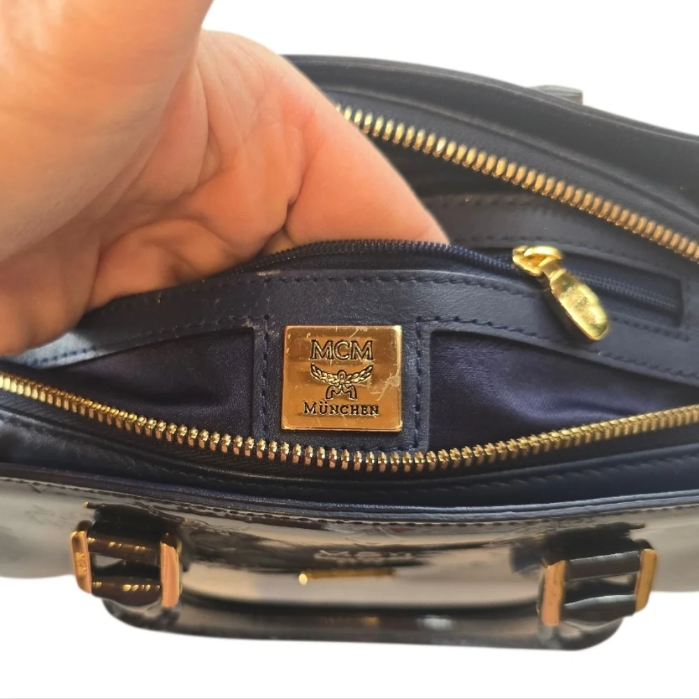 MCM Mini Boston Dark Green Navy Patent Leather Handbag